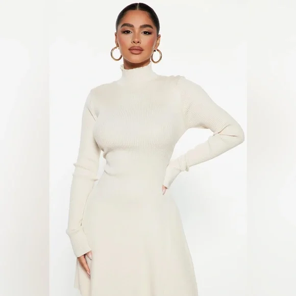 Ribbed Long Sleeve Knit Dress in Ivory - Picture 2 of 4